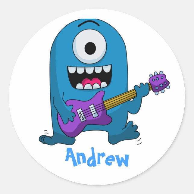 Cute Blue Monster Guitarist Classic Round Sticker (Front)