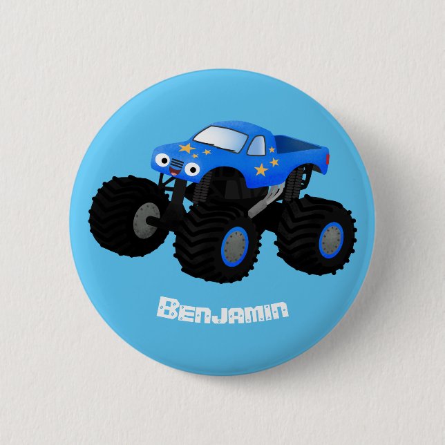 Cute blue monster truck cartoon illustration 6 cm round badge (Front)
