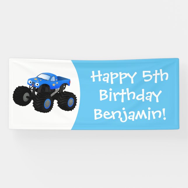 Cute blue monster truck cartoon illustration banner (Horizontal)