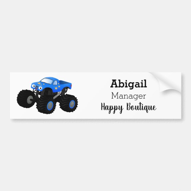 Cute blue monster truck cartoon illustration bumper sticker (Front)