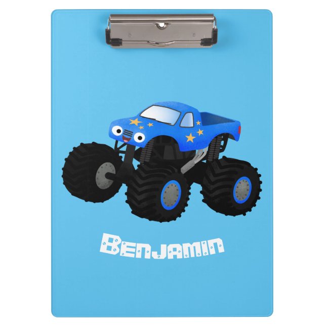 Cute blue monster truck cartoon illustration clipboard (Front)