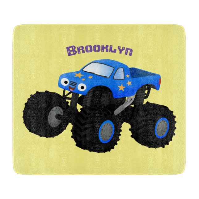 Cute blue monster truck cartoon illustration cutting board (Front)