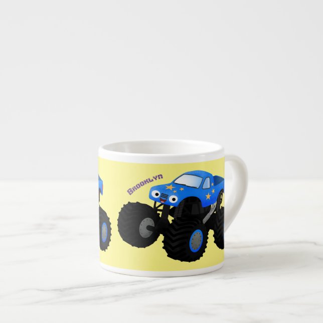 Cute blue monster truck cartoon illustration espresso cup (Front Right)