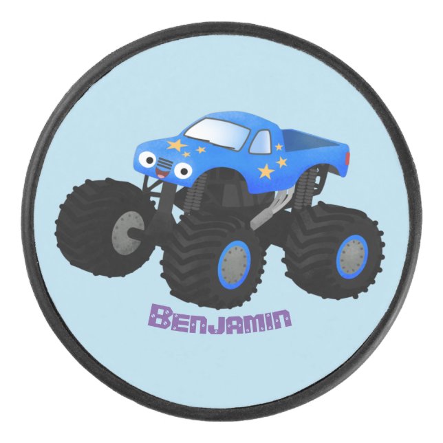 Cute blue monster truck cartoon illustration hockey puck (Front)