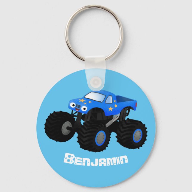 Cute blue monster truck cartoon illustration key ring (Front)