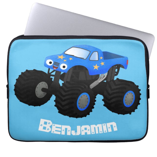 Cute blue monster truck cartoon illustration laptop sleeve (Front)