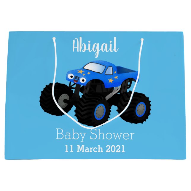 Cute blue monster truck cartoon illustration large gift bag (Front)