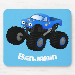 Cute blue monster truck cartoon illustration mouse pad