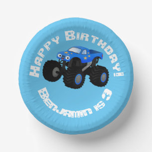 Cute blue monster truck cartoon illustration paper plate