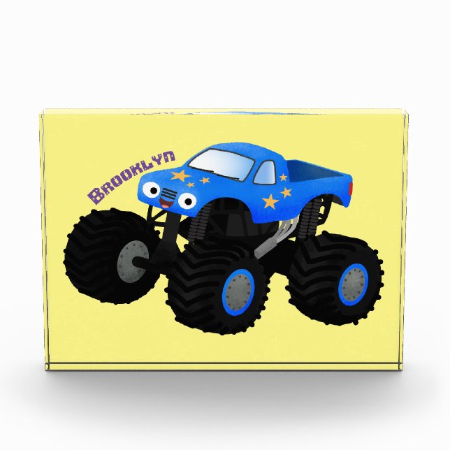 Cute blue monster truck cartoon illustration photo block (Front)