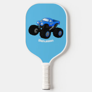 Cute blue monster truck cartoon illustration pickleball paddle