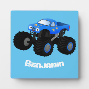 Cute blue monster truck cartoon illustration plaque