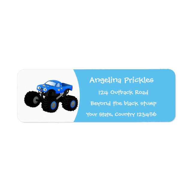 Cute blue monster truck cartoon illustration return address label (Front)