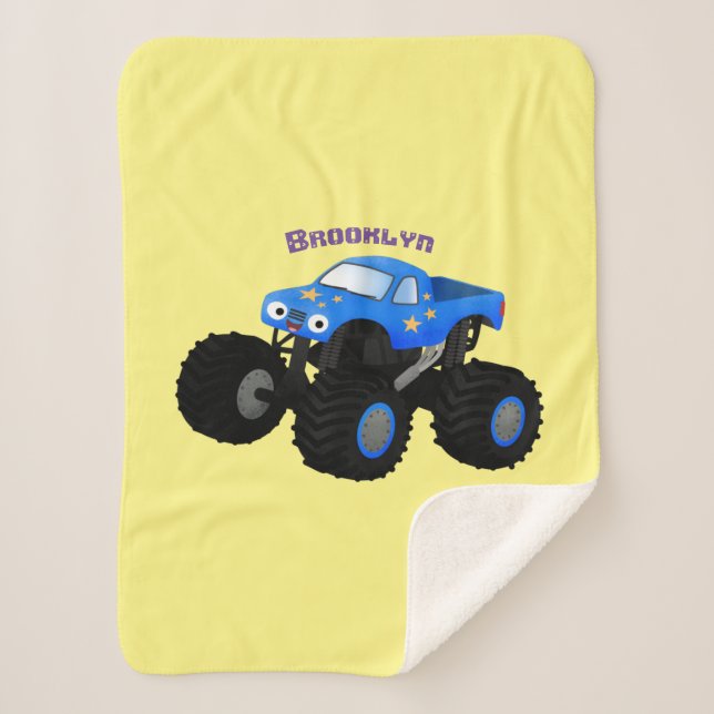 Cute blue monster truck cartoon illustration  sherpa blanket (Front)