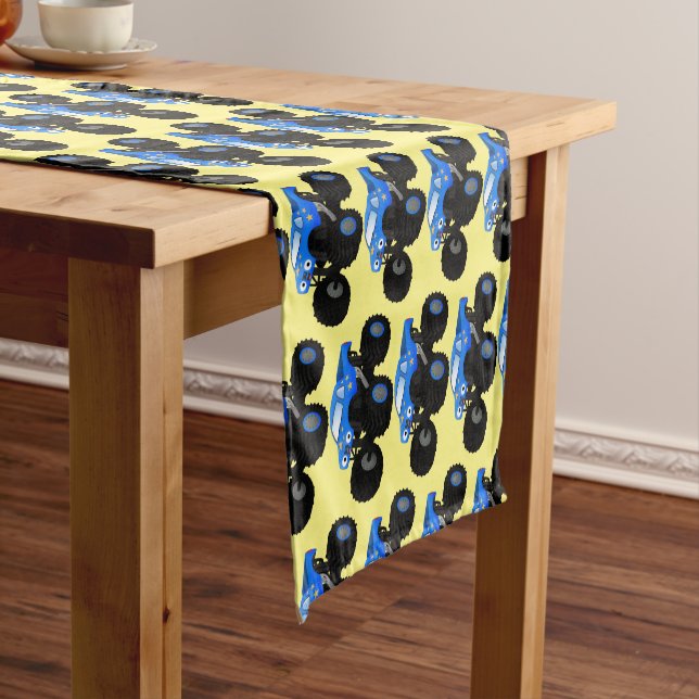 Cute blue monster truck cartoon illustration short table runner (In Situ)