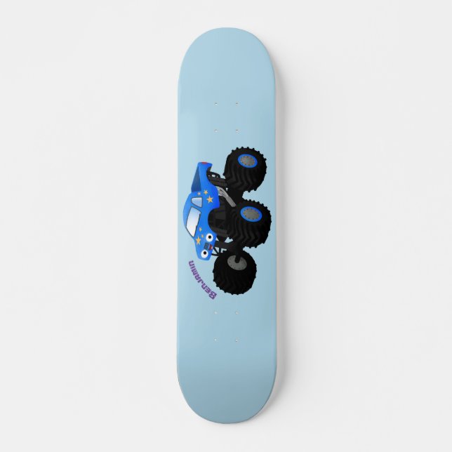 Cute blue monster truck cartoon illustration skateboard (Front)