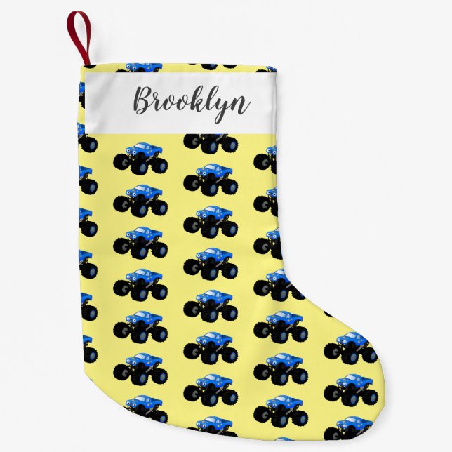 Cute blue monster truck cartoon illustration small christmas stocking (Front)