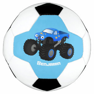 Cute blue monster truck cartoon illustration soccer ball