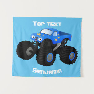 Cute blue monster truck cartoon illustration tapestry