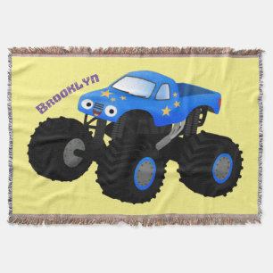 Cute blue monster truck cartoon illustration throw blanket