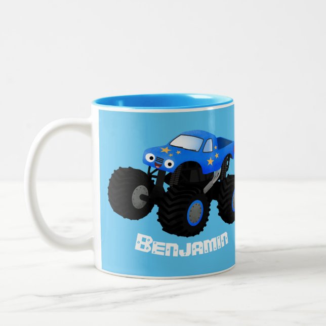 Cute blue monster truck cartoon illustration Two-Tone coffee mug (Left)