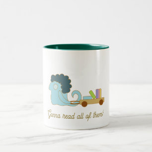 Cute blue monster with a book cart Two-Tone coffee mug