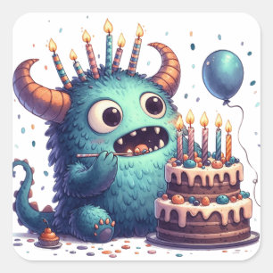 Cute Blue Monster With Birthday Cake Square Sticker