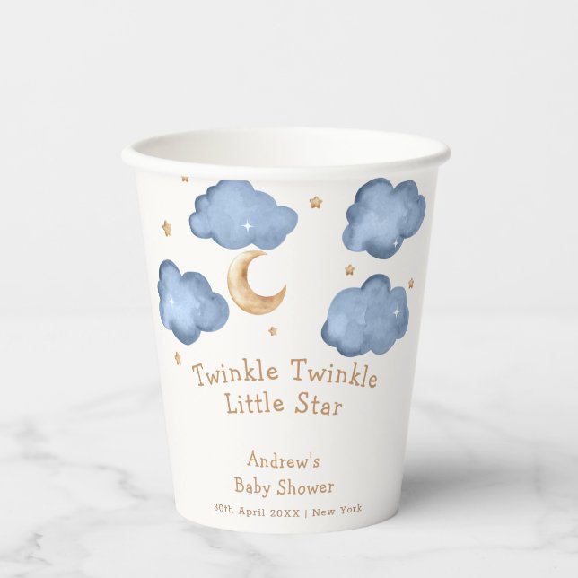 Cute Blue Moon Stars Twinkle Twinkle Baby Shower  Paper Cups (Front)