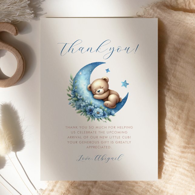 Cute Blue Moon Teddy Bear Baby Shower Thank You Invitation (Creator Uploaded)