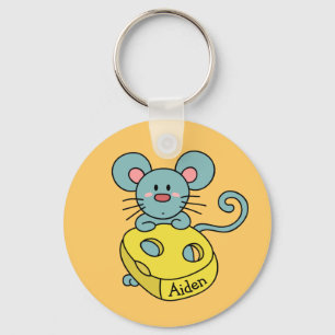 Cute Blue Mouse and Cheese Kids Personalised Key Ring