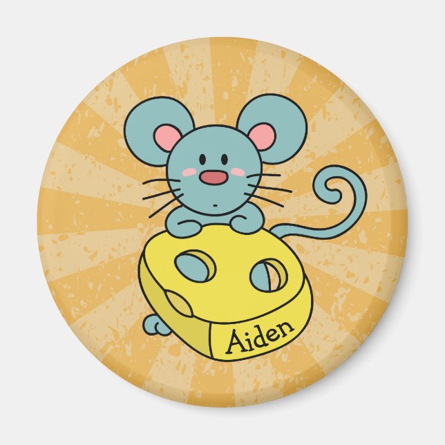 Cute Blue Mouse and Cheese Personalized Magnet (Front)