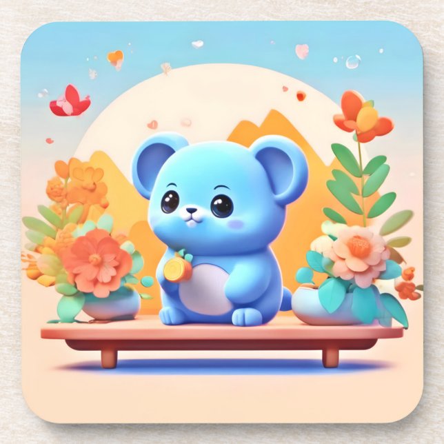 Cute Blue Mouse with Flowers Coaster (Front)