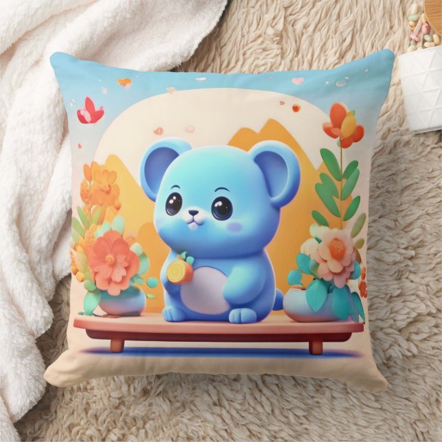 Cute Blue Mouse with Flowers Cushion (Blanket)