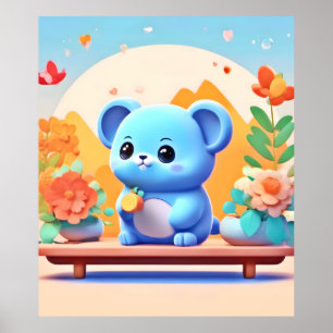 Cute Blue Mouse with Flowers Poster