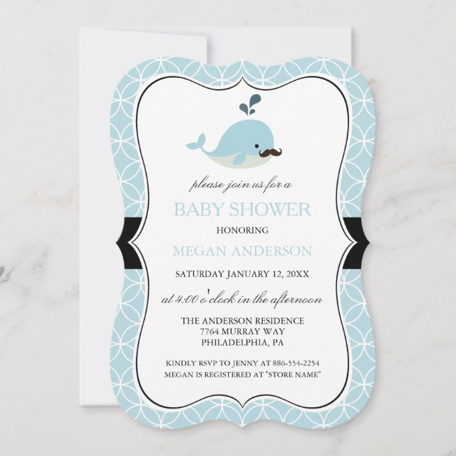 Cute Blue Moustache Whale Boy Baby Shower Invite (Front)