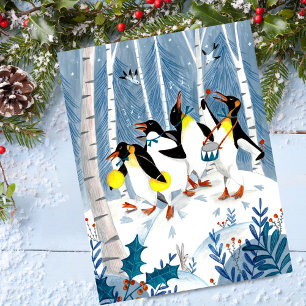 Cute blue musicians penguins snow fun holiday card