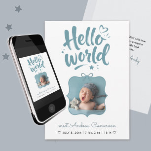 Cute Blue New Baby Boy Photo Bow Brush Hand Drawn Announcement