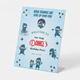Cute Blue Ninja Squad Boy Birthday Party   Pedestal Sign