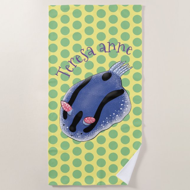 Cute blue nudibranch sea slug cartoon illustration beach towel (Front)
