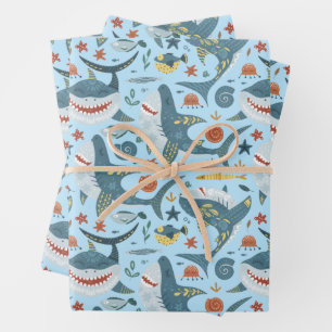 Cute Blue Ocean Baby Sharks Kids Birthday Boy Gift Wrapping Paper Sheet