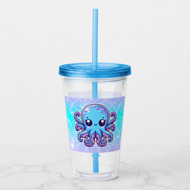 Cute blue octopus acrylic tumbler (Front)