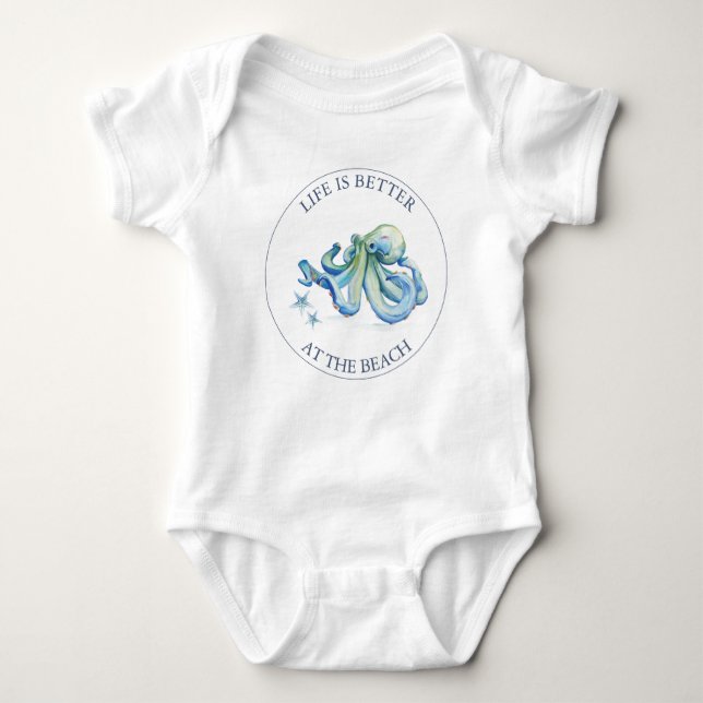 Cute Blue Octopus Baby Boy Bodysuits (Front)