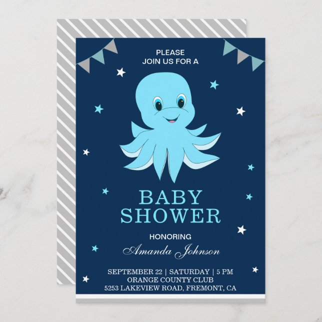 Cute Blue Octopus Baby Shower Invitation (Front/Back)