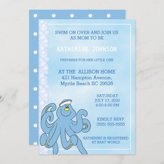 Cute Blue Octopus Baby Shower Invitation (Front/Back)