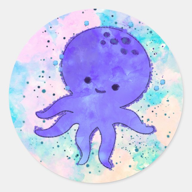 Cute Blue Octopus Cartoon Watercolor Classic Round Sticker (Front)