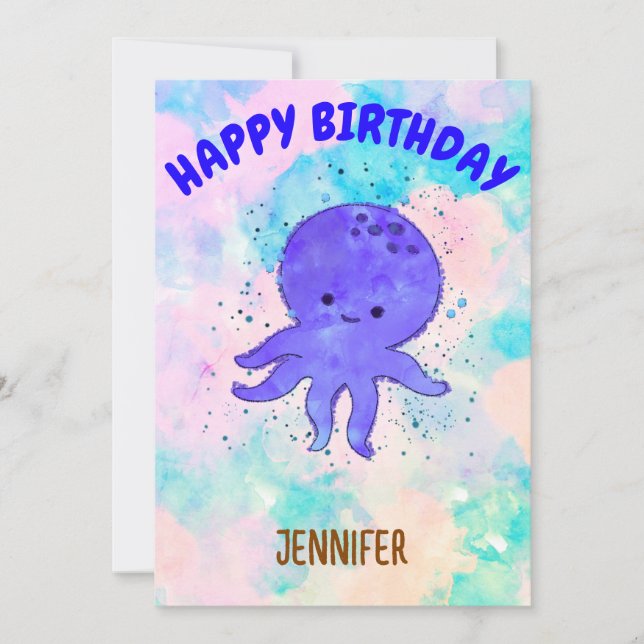 Cute Blue Octopus Cartoon Watercolor Invitation (Front)