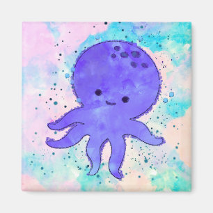 Cute Blue Octopus Cartoon Watercolor Magnet