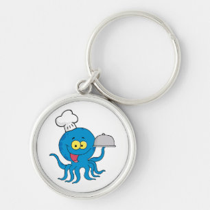 cute blue octopus chef with serving platter key ring