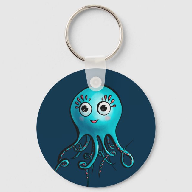 Cute Blue Octopus - Kawaii Cartoon Sea Animal Key Ring (Front)