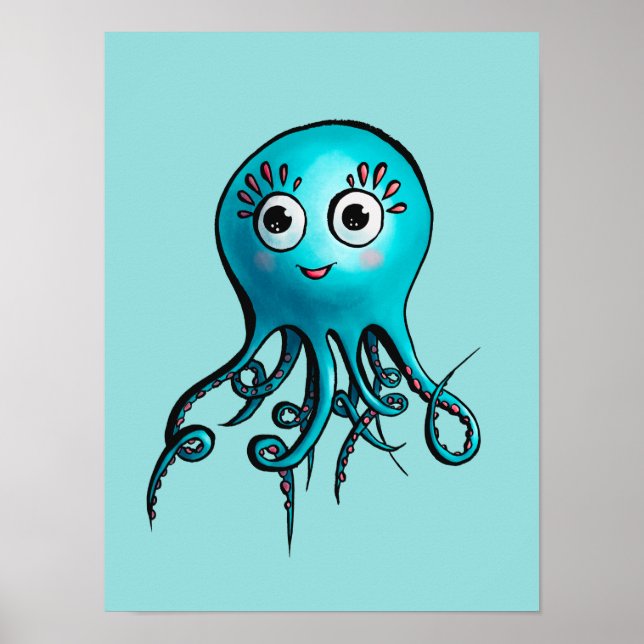 Cute Blue Octopus - Kawaii Cartoon Sea Animal Kids Poster (Front)